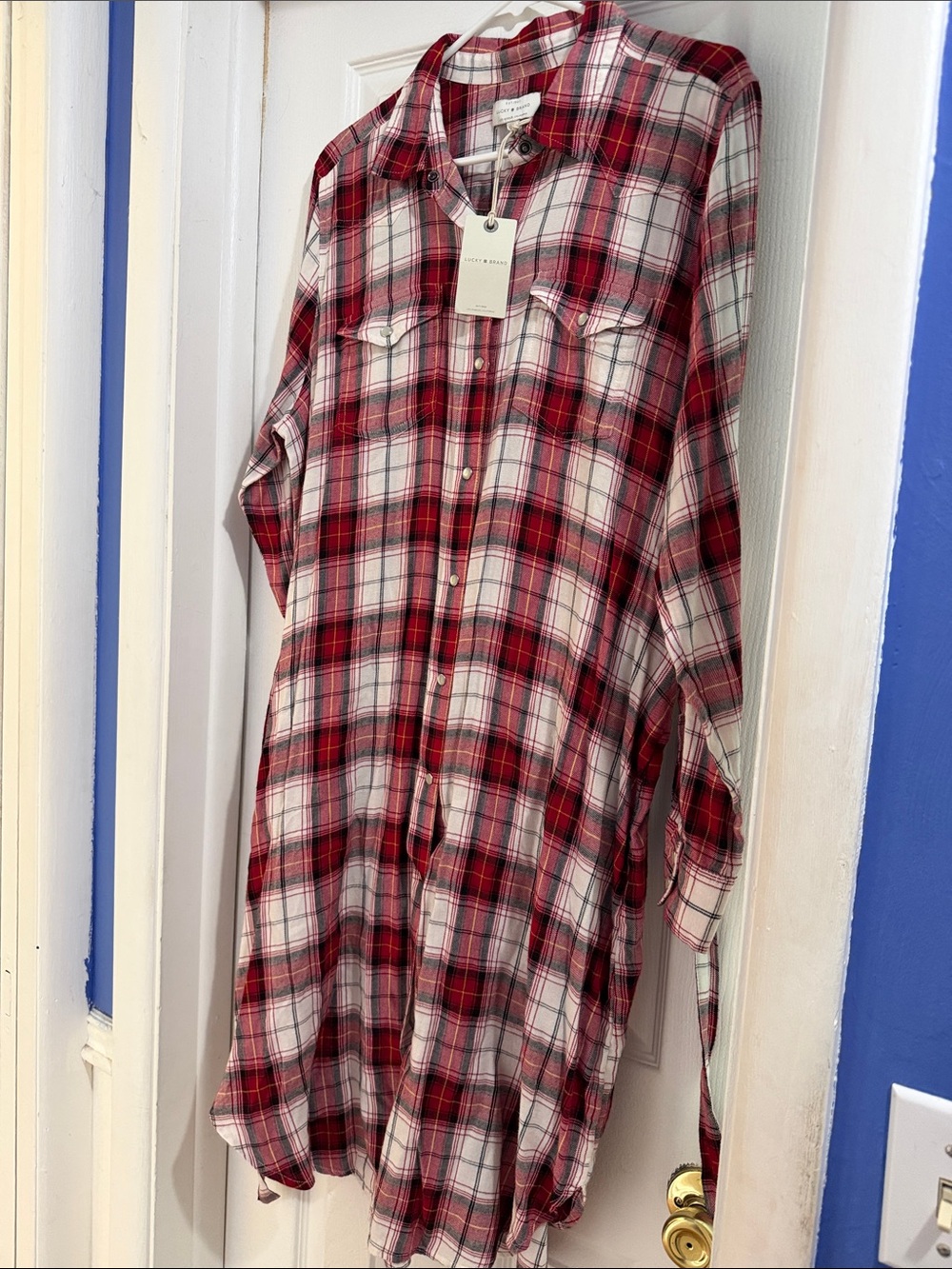 Red Plaid Long-Sleeve Snap-Up Shirt Dress